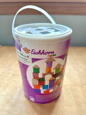 Eichhorn Wooden Building Blocks Shape Sorter Bucket 97 Pieces Montessori Toy